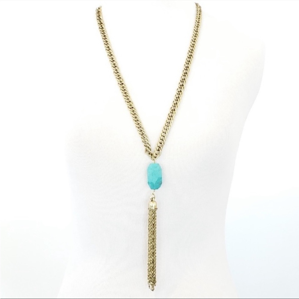 Lucky Brand Boho Turquoise Pendant Necklace Long Gold Tassel Necklace